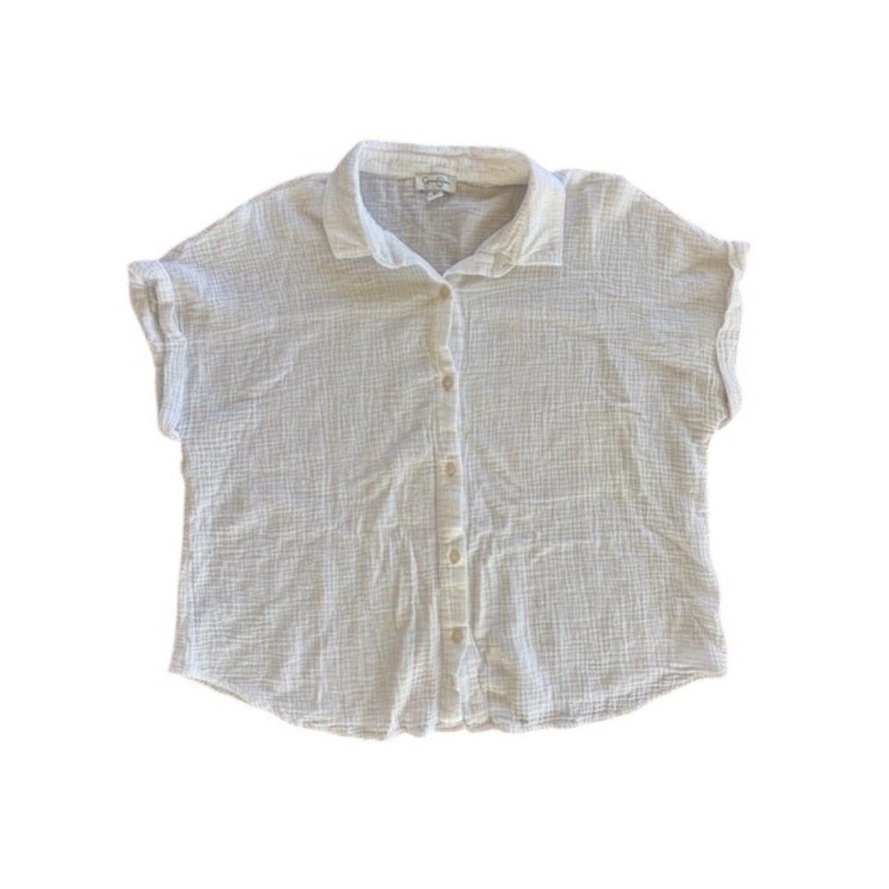 Jessica Simpson Womens XL White Cotton Gauze Button Down Short Sleeve Blouse Top